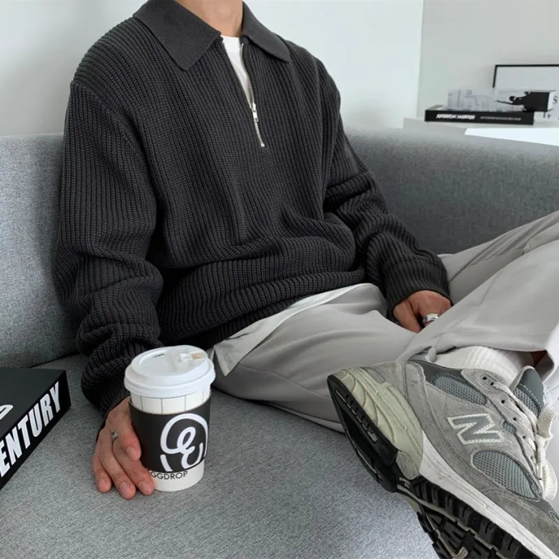 Men's Classic Knit Zip Sweater with Loose Relaxed Fit and Timeless Collar