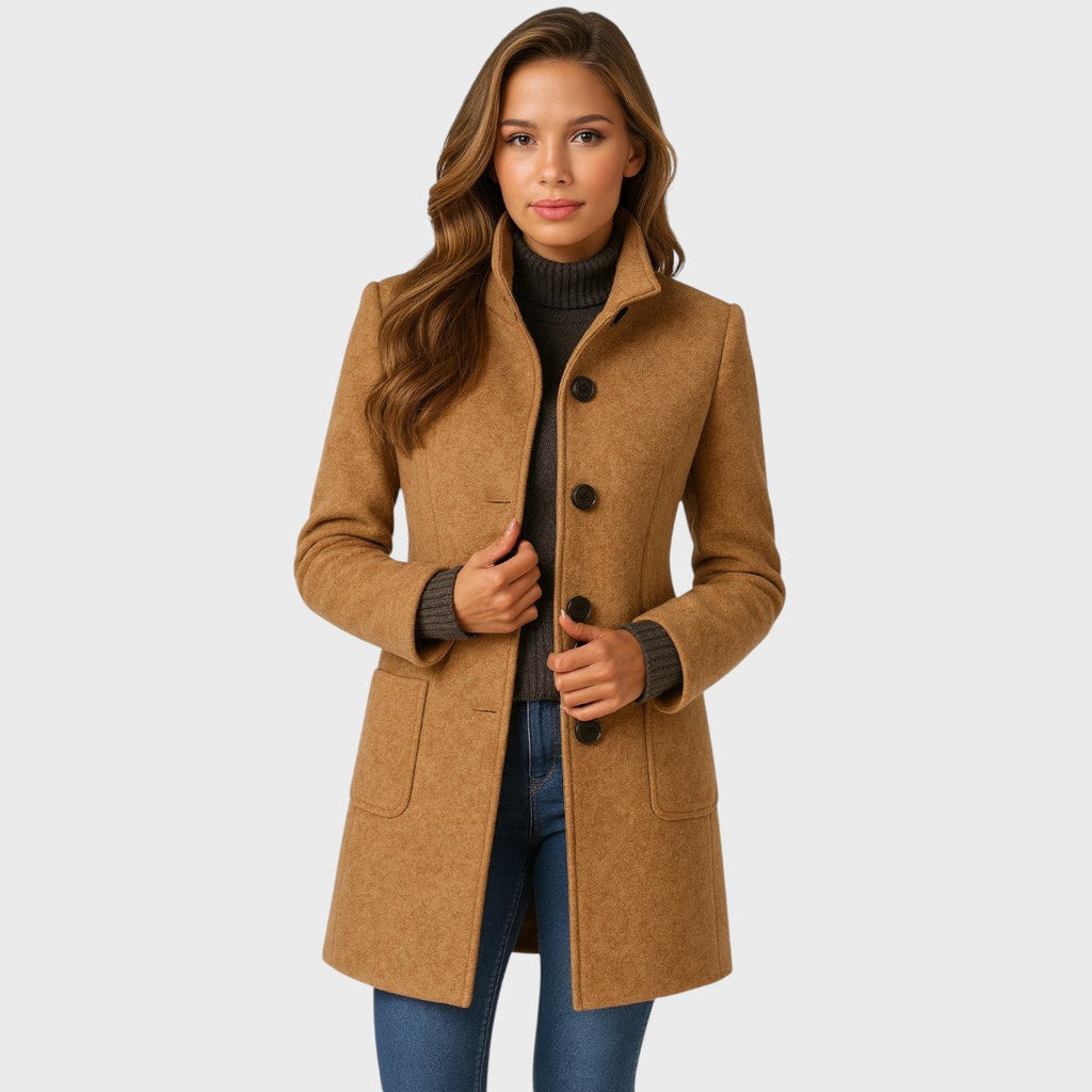 Women's Wool Blend Coat with Structured Collar and Button Closure