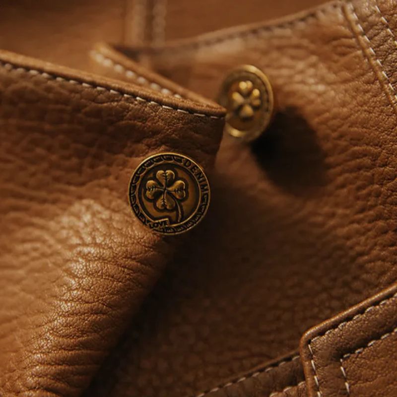 Women's Leather Jacket with Slim Fit Lapel Collar and Button Closure