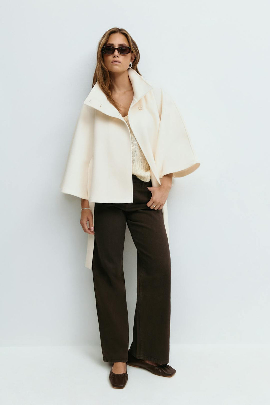 Women's Cape Coat with High Collar Button Closure and Tie Belt