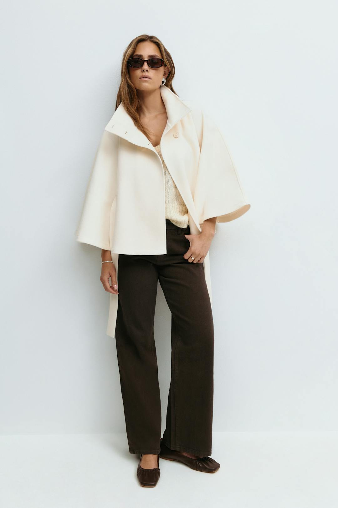 Women's Cape Coat with High Collar Button Closure and Tie Belt