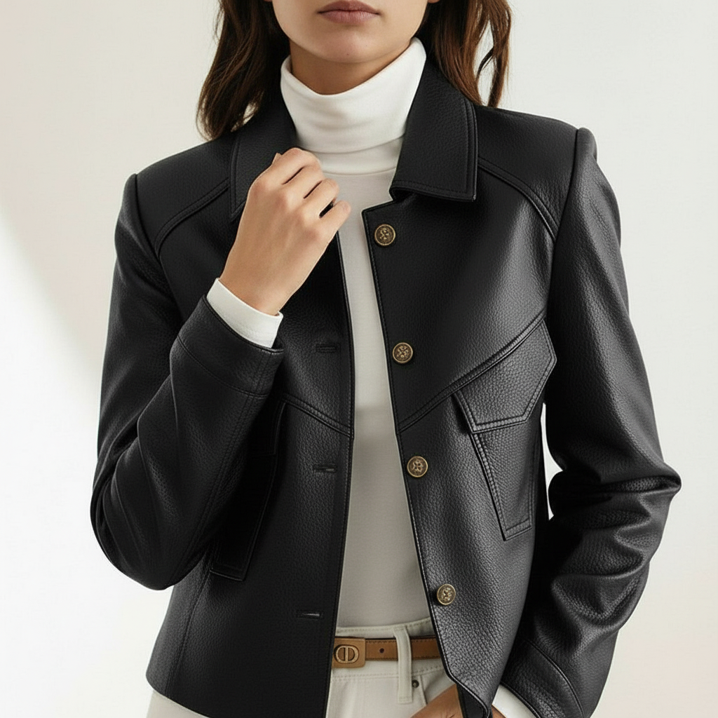 Women's Leather Jacket with Slim Fit Lapel Collar and Button Closure
