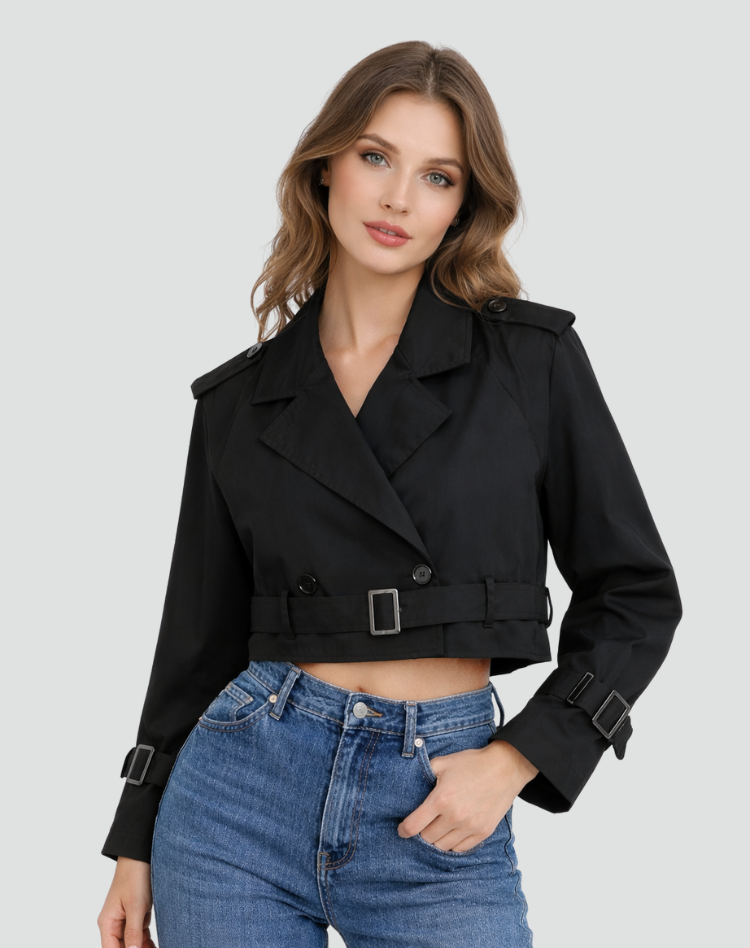 Women's Cropped Cotton Trench Coat with Regular Fit and Flattering Silhouette