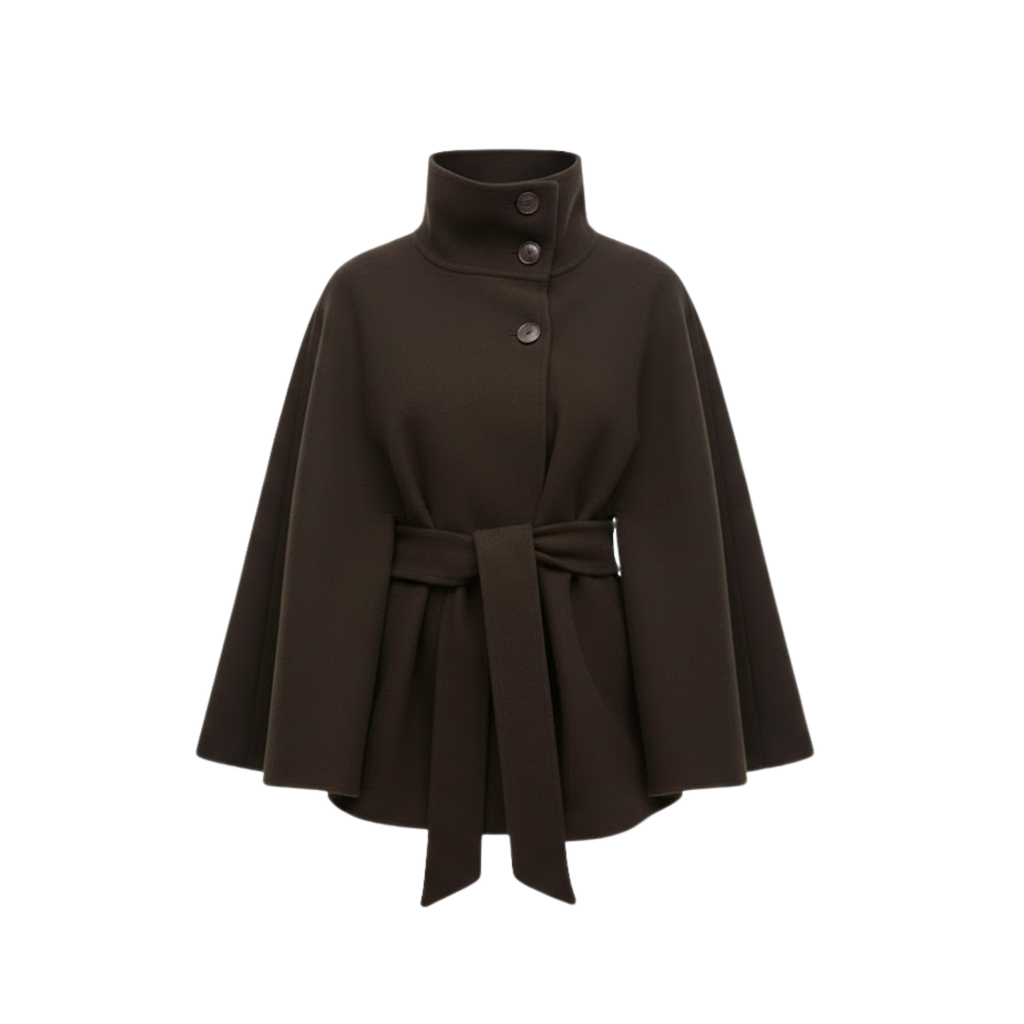 Women's Structured Cape Coat with High Collar and Removable Belt