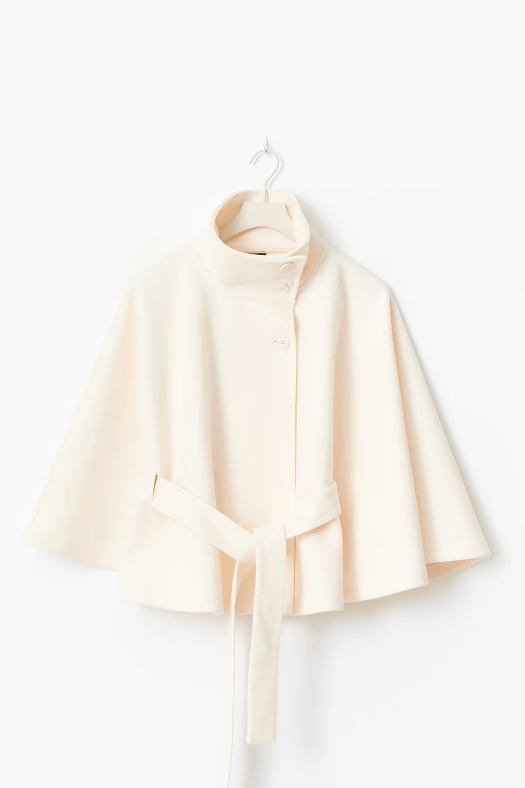 Women's Cape Coat with High Collar Button Closure and Tie Belt