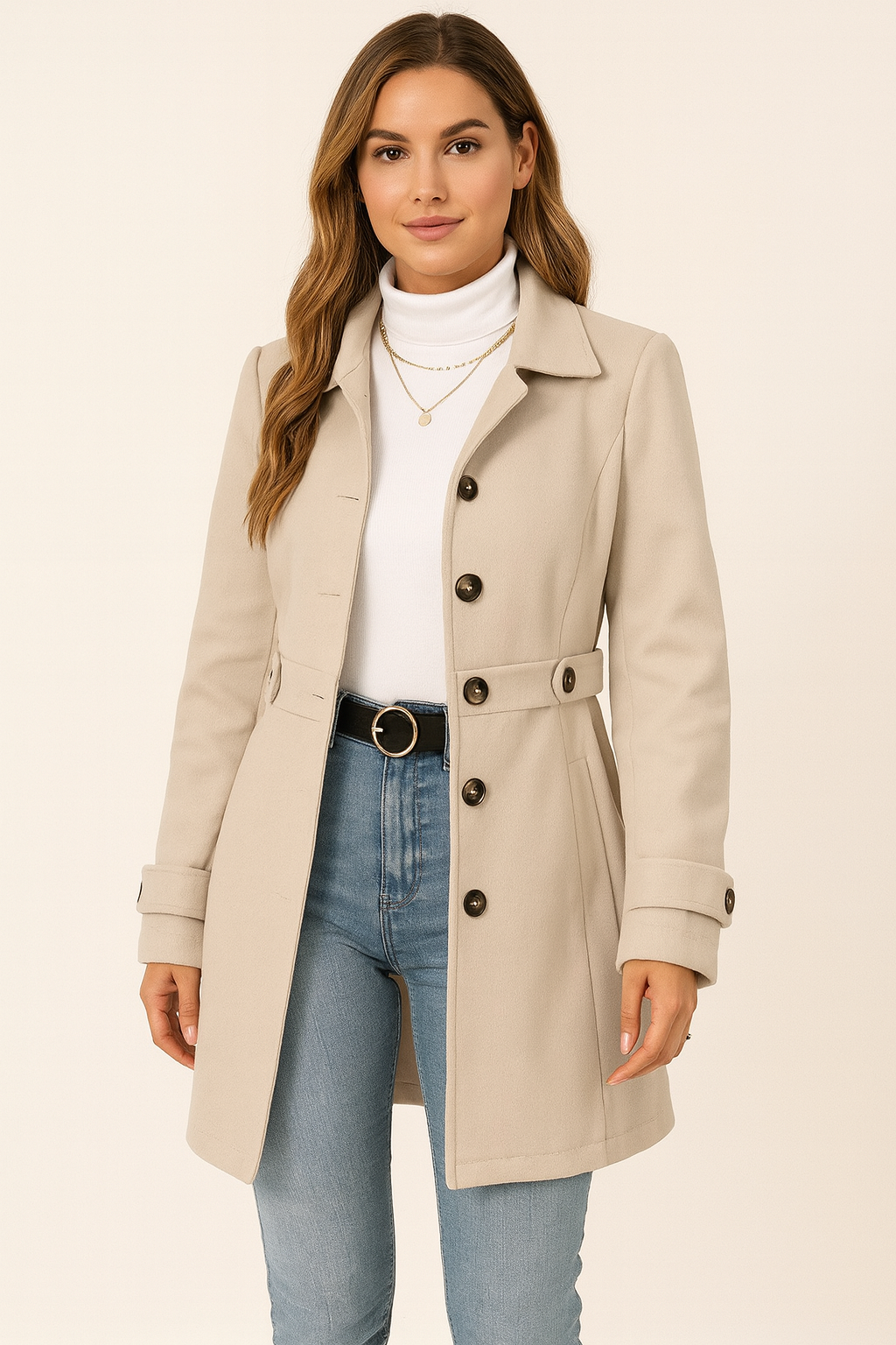 Women's Tailored Trench Coat with Adjustable Belt and Lapel Collar
