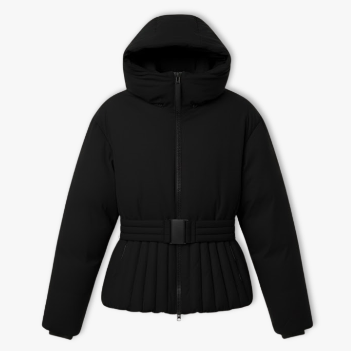 Women's Ski Jacket with Peplum Hem Waist Belt High Collar and Hood