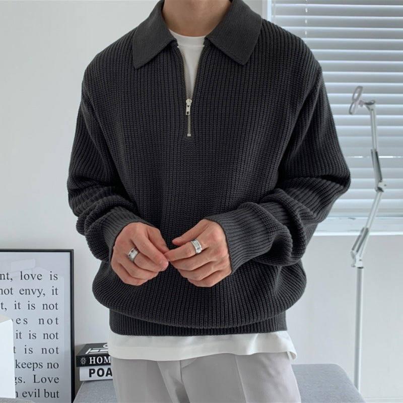 Men's Classic Knit Zip Sweater with Loose Relaxed Fit and Timeless Collar