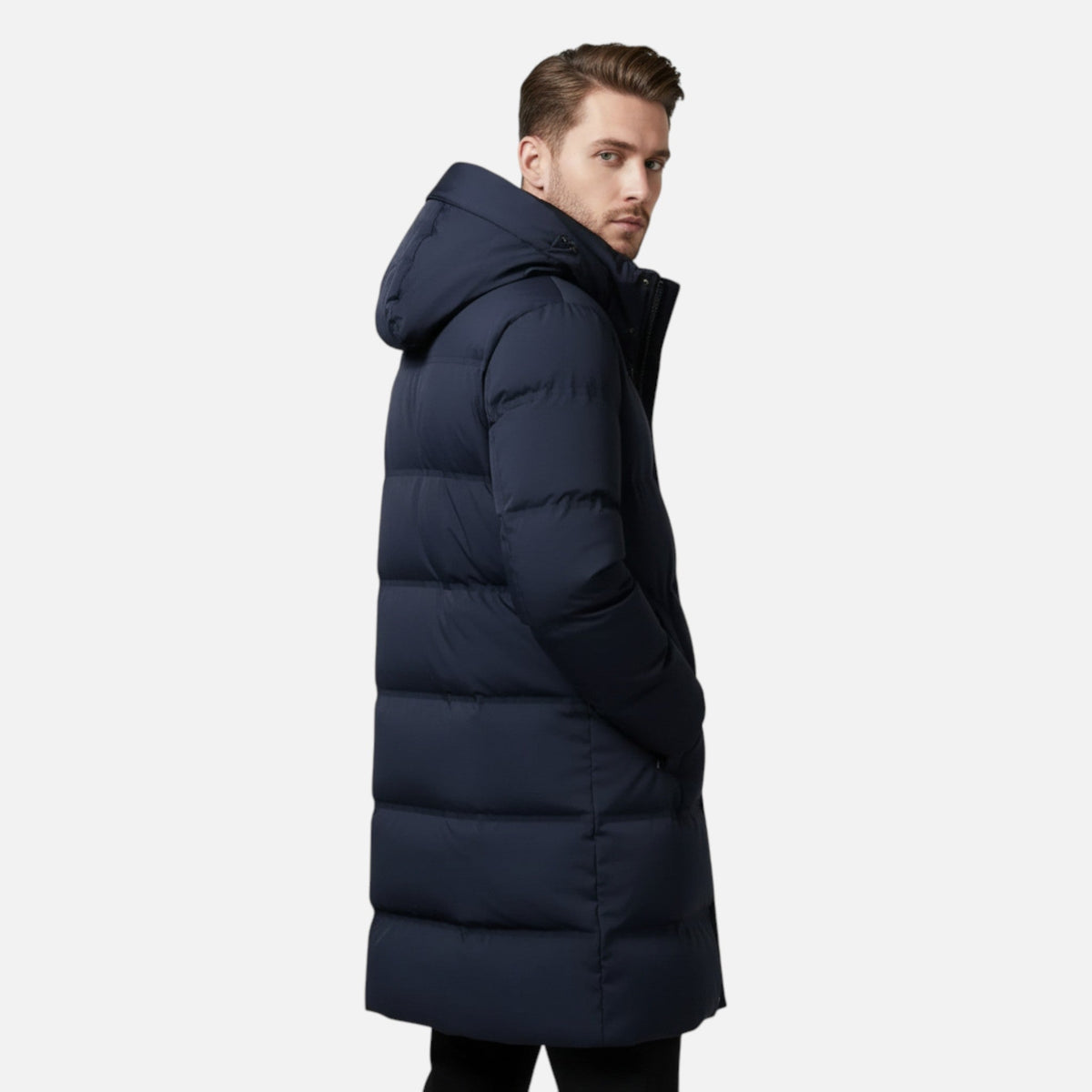 Men's Structured Parka with Quilted Hood and Hidden Zip Closure