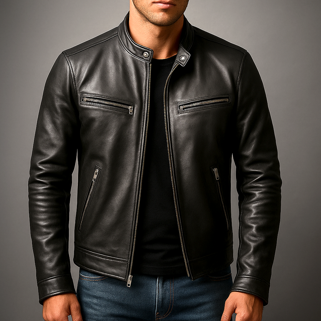 Men's Leather Jacket with Cotton Lining Vintage Style and Zip Closure