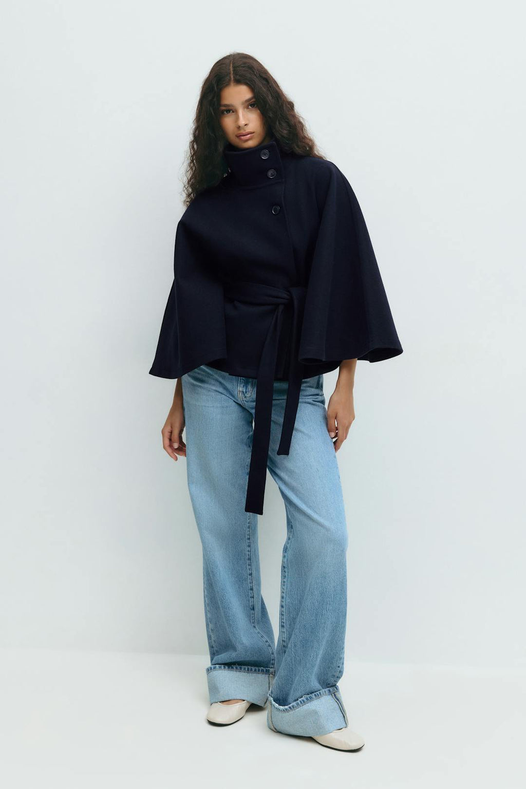 Women's Cape Coat with High Collar Button Closure and Tie Belt