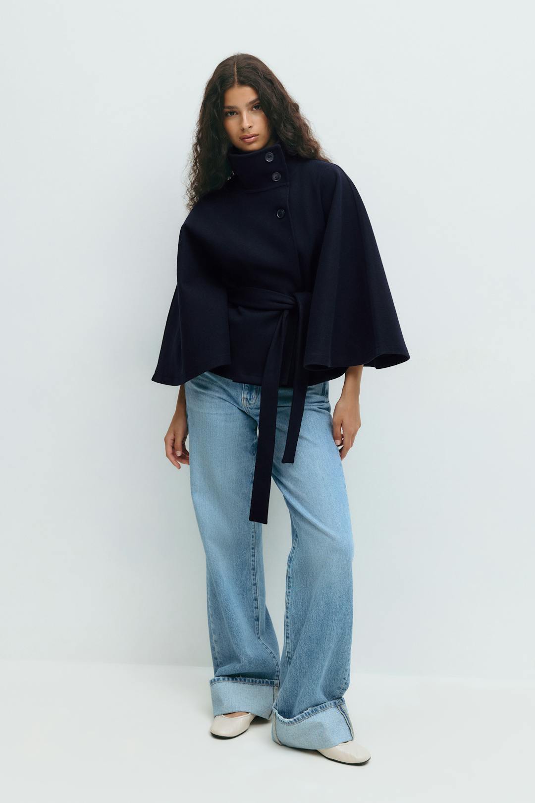 Women's Cape Coat with High Collar Button Closure and Tie Belt