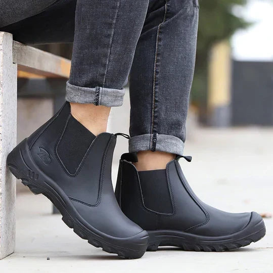 Men's Steel Toe Work Boots with Waterproof Leather and Non Slip Sole