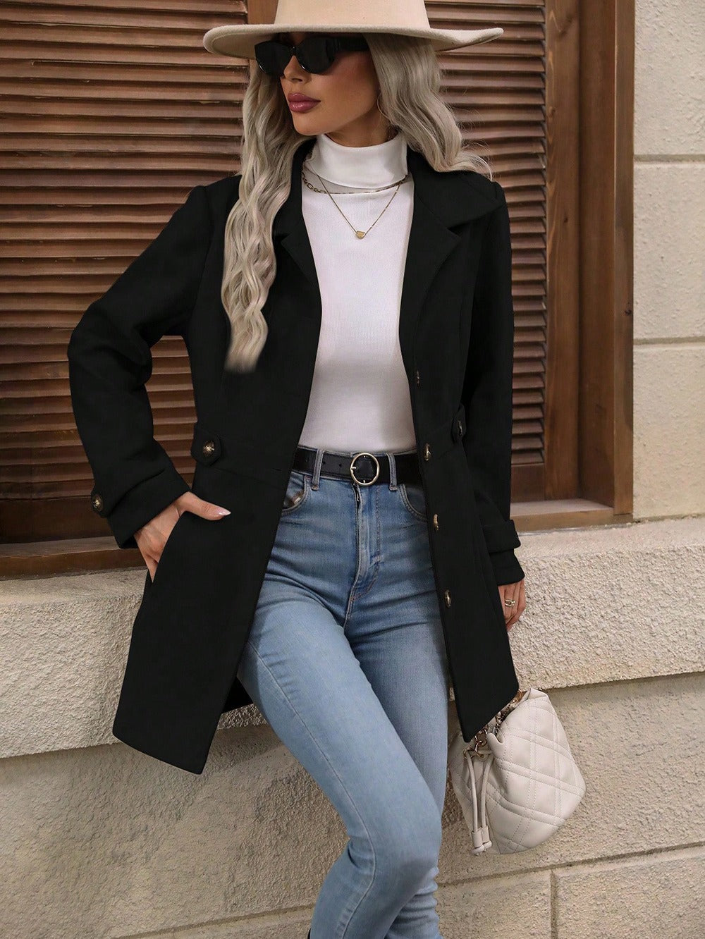 Women's Tailored Trench Coat with Adjustable Belt and Lapel Collar