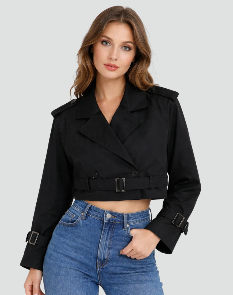 Women's Cropped Cotton Trench Coat with Regular Fit and Flattering Silhouette