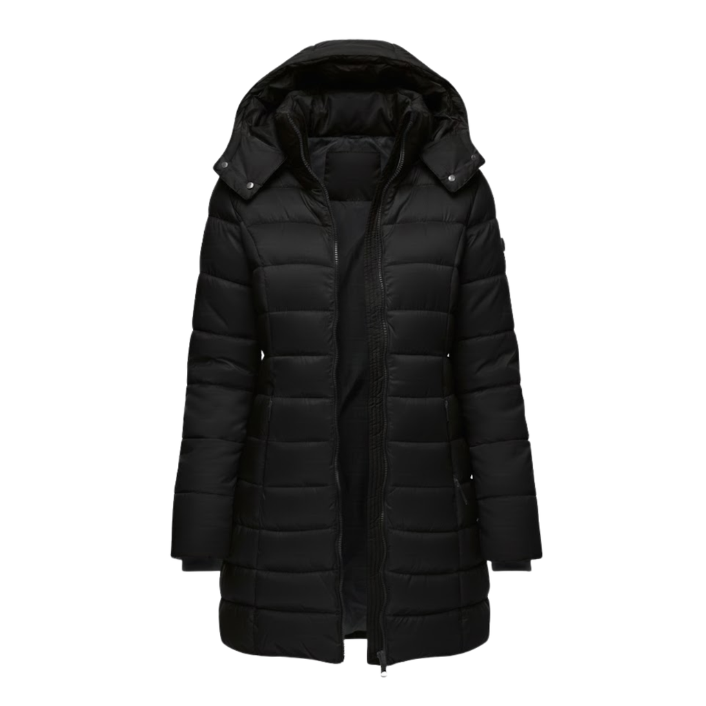 Women's Quilted Parka with Mid Length Cut Zip Closures and Functional Hood