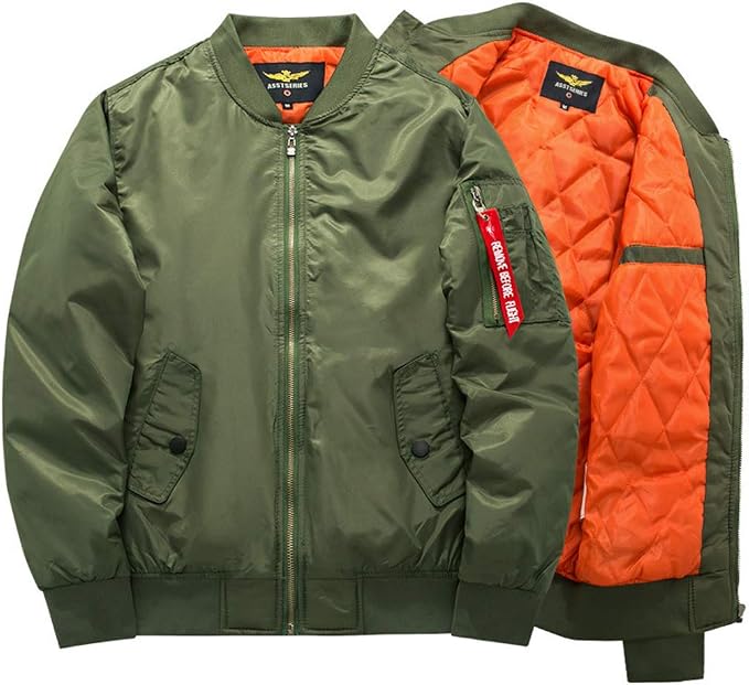 Men's Bomber Jacket with Quilted Lining Zip Closure and Elastic Cuffs