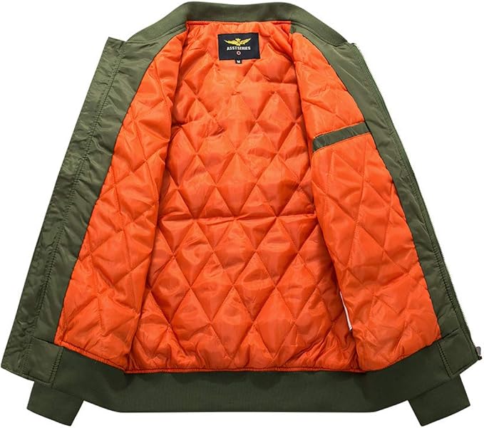 Men's Bomber Jacket with Quilted Lining Zip Closure and Elastic Cuffs