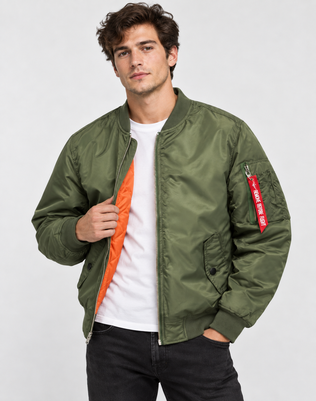 Men's Bomber Jacket with Quilted Lining Zip Closure and Elastic Cuffs