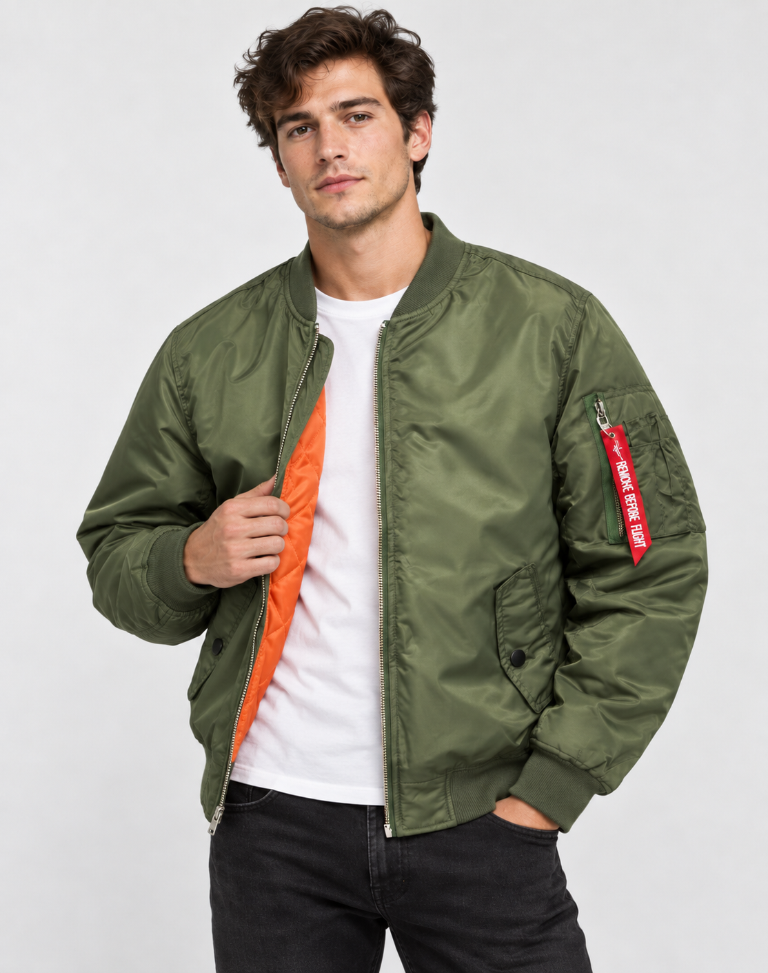 Men's Bomber Jacket with Quilted Lining Zip Closure and Elastic Cuffs