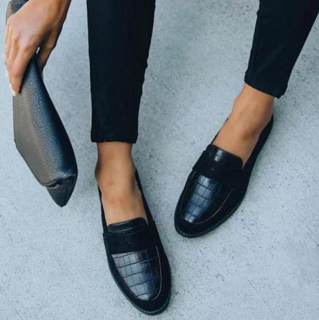 Women's Leather Loafers with Crocodile Pattern and Slip On Design