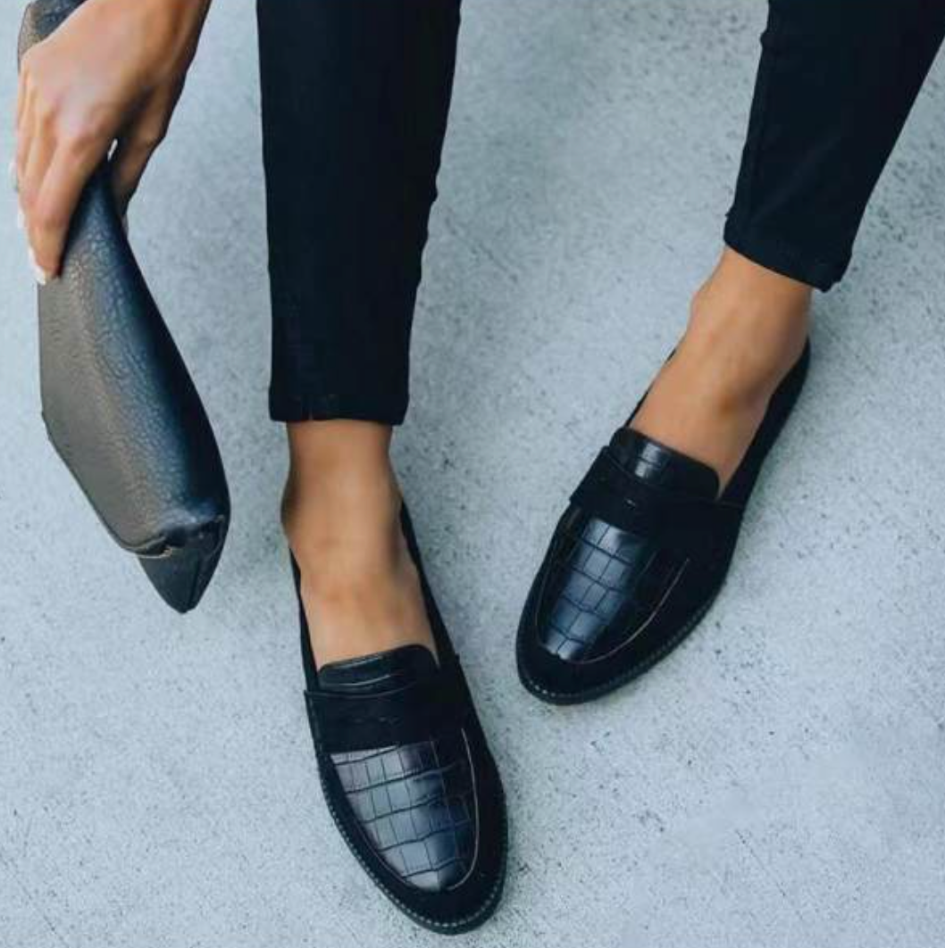 Women's Leather Loafers with Crocodile Pattern and Slip On Design