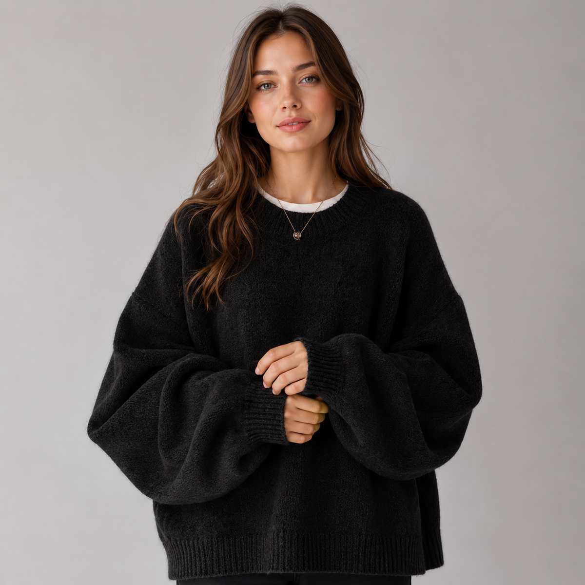Women's Knit Sweater with Round Neck Drop Shoulder and Side Split Hem