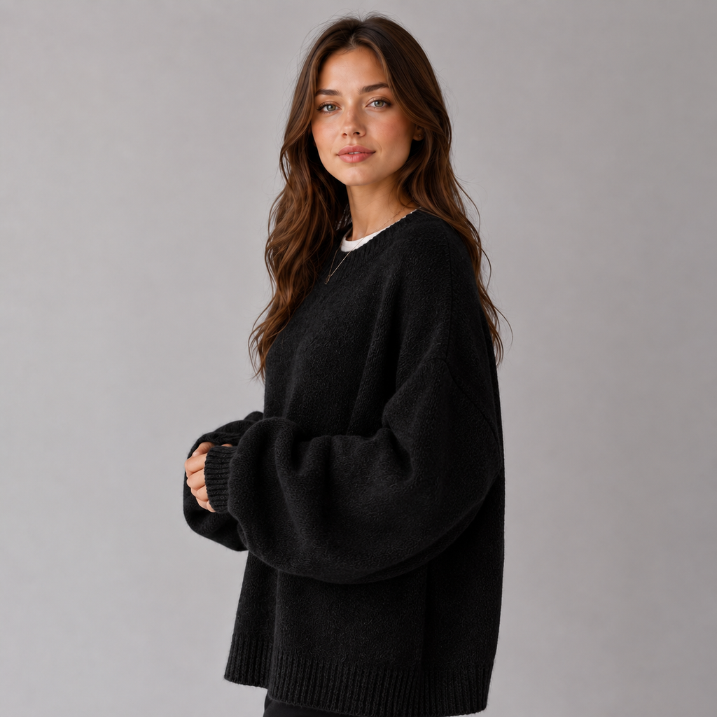 Women's Knit Sweater with Round Neck Drop Shoulder and Side Split Hem