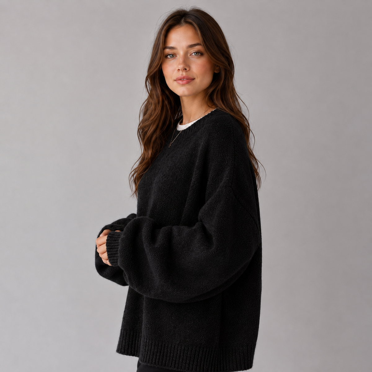 Women's Knit Sweater with Round Neck Drop Shoulder and Side Split Hem