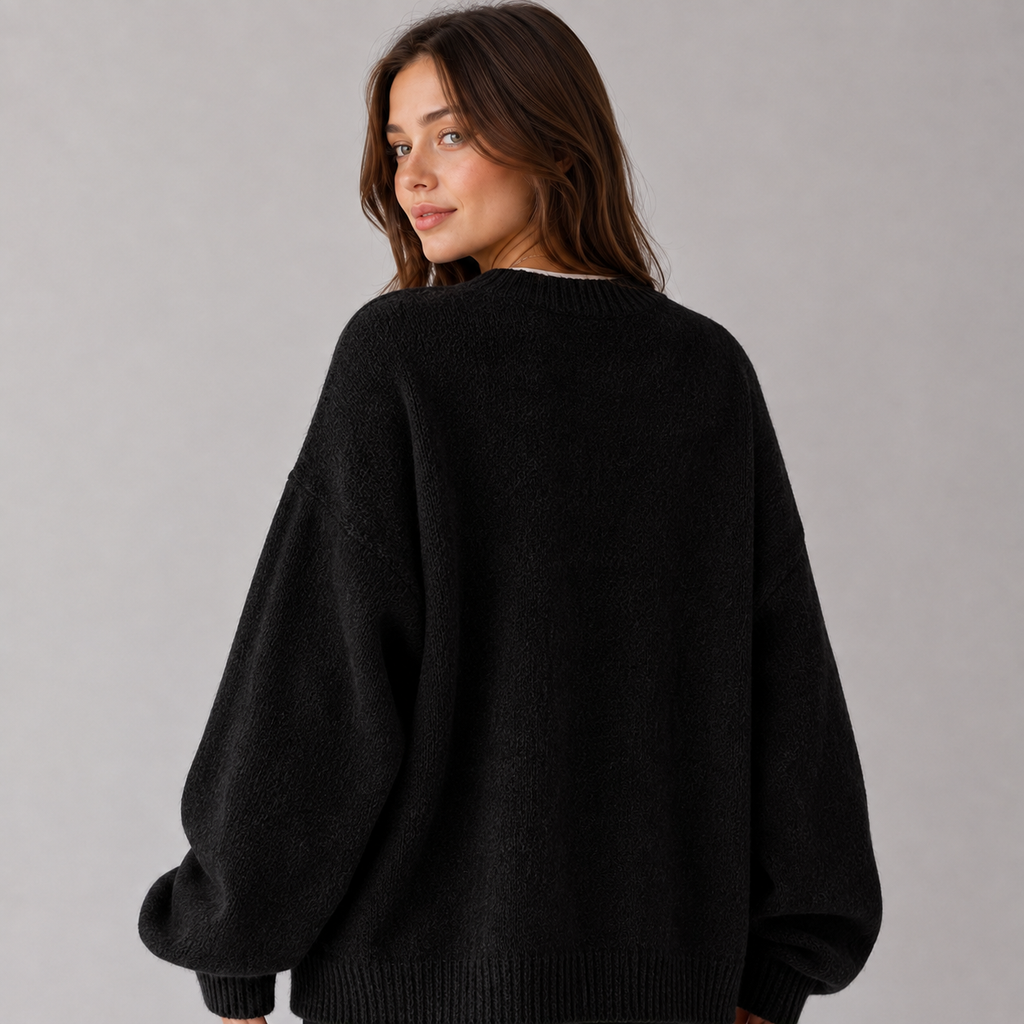 Women's Knit Sweater with Round Neck Drop Shoulder and Side Split Hem