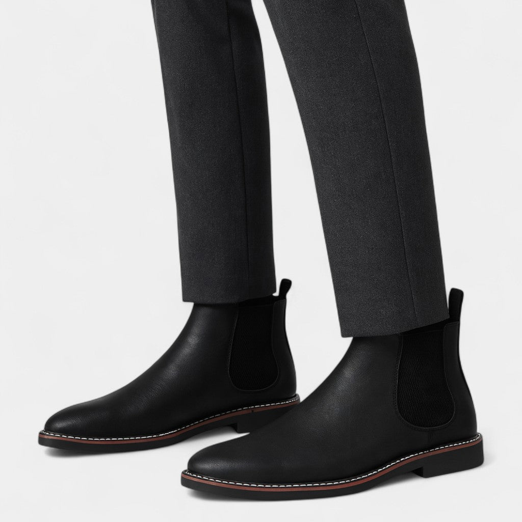 Men's Cowhide Leather Chelsea Ankle Boots with Elastic Side Panels and Pull Tab
