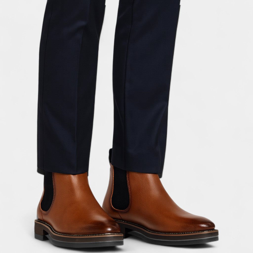 Men's Cowhide Leather Chelsea Ankle Boots with Elastic Side Panels and Pull Tab