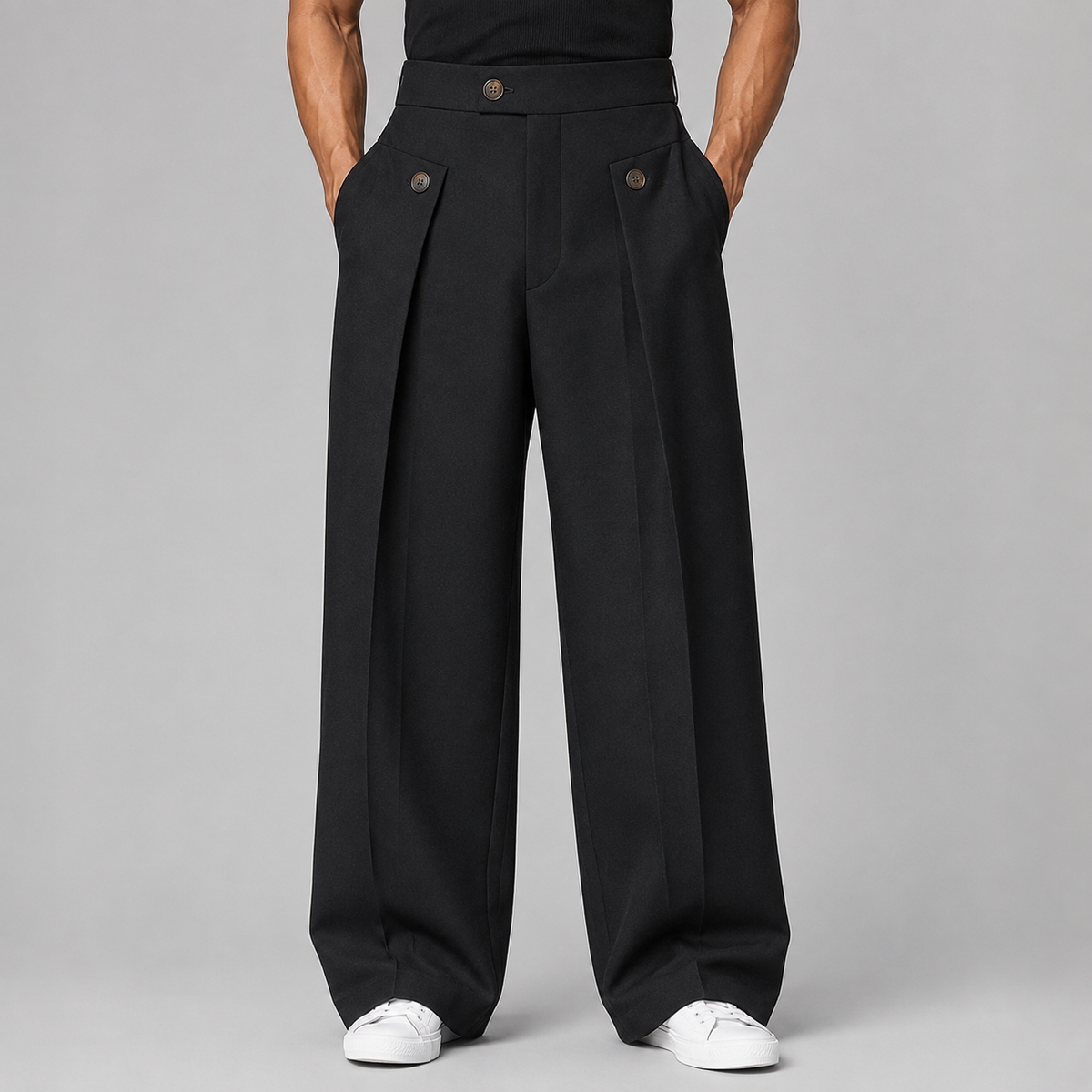 Men's Wide Leg Trousers with Front Pleats and Relaxed Tailored Cut
