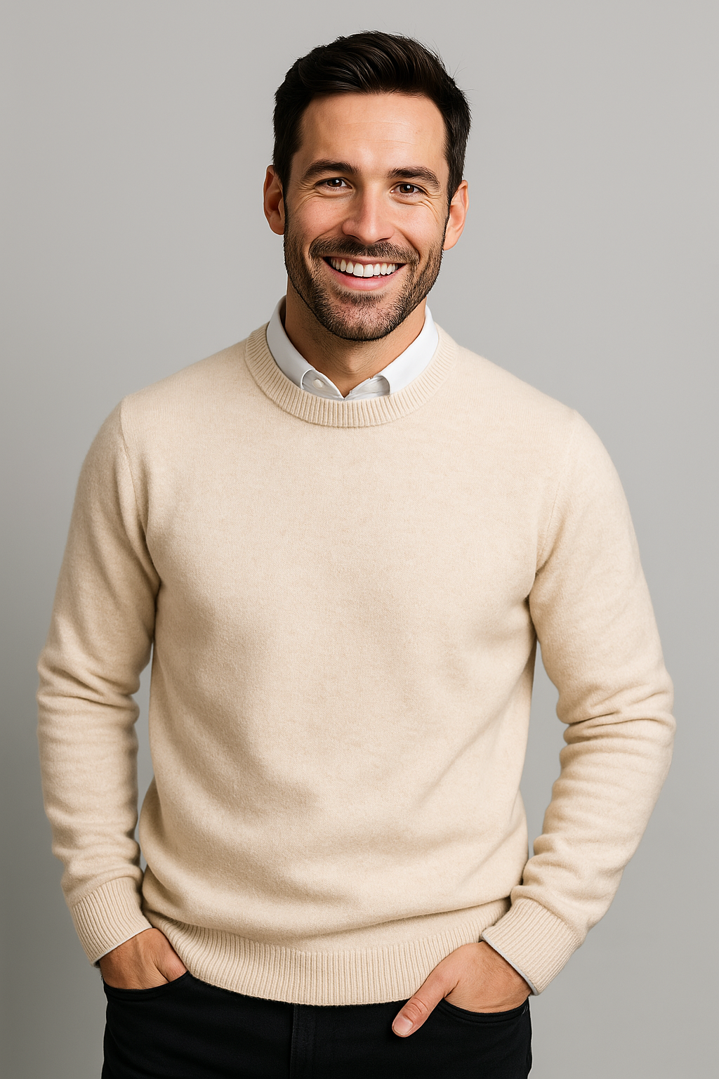 Klassisk strikket sweater til mænd med rund hals, ribstrikkede manchetter og almindeligt snit