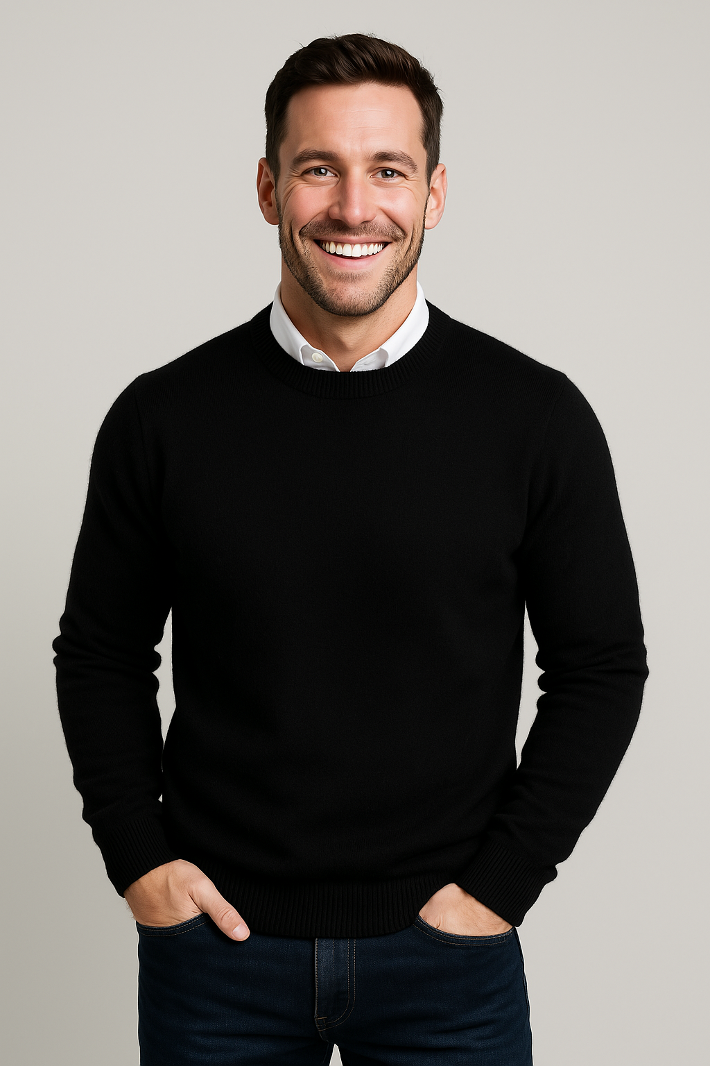 Men's Classic Knit Crew Neck Sweater with Ribbed Cuffs and Regular Fit