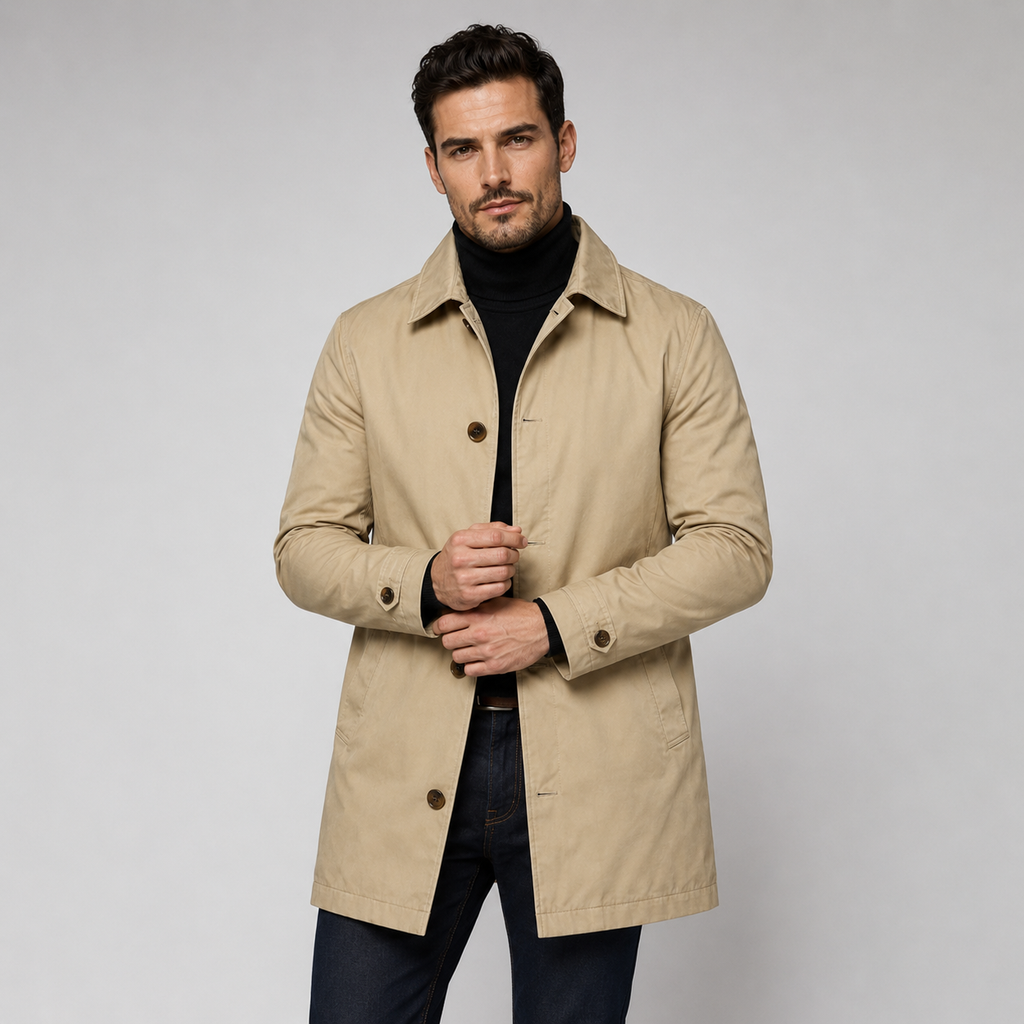 Men's Tailored Longline Coat with Button Front Closure and Functional Pockets
