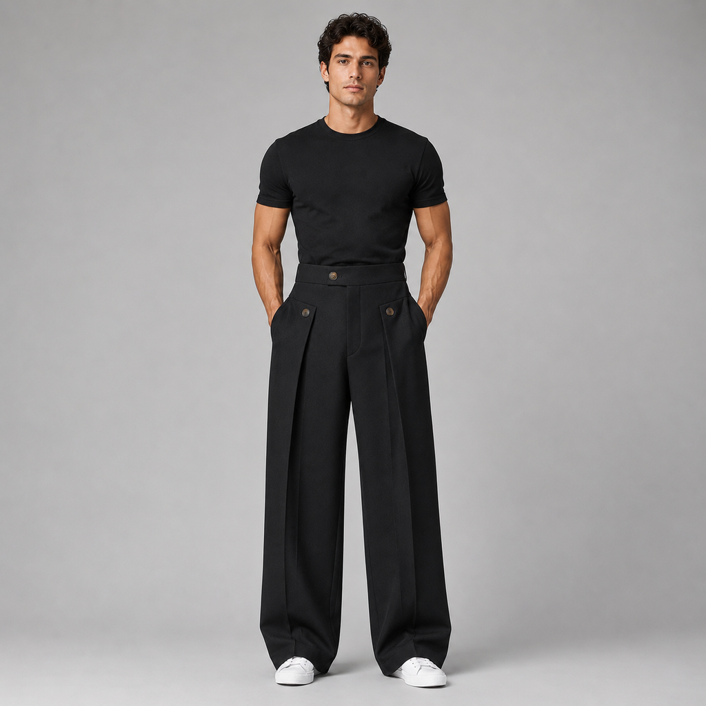 Men's Wide Leg Trousers with Front Pleats and Relaxed Tailored Cut