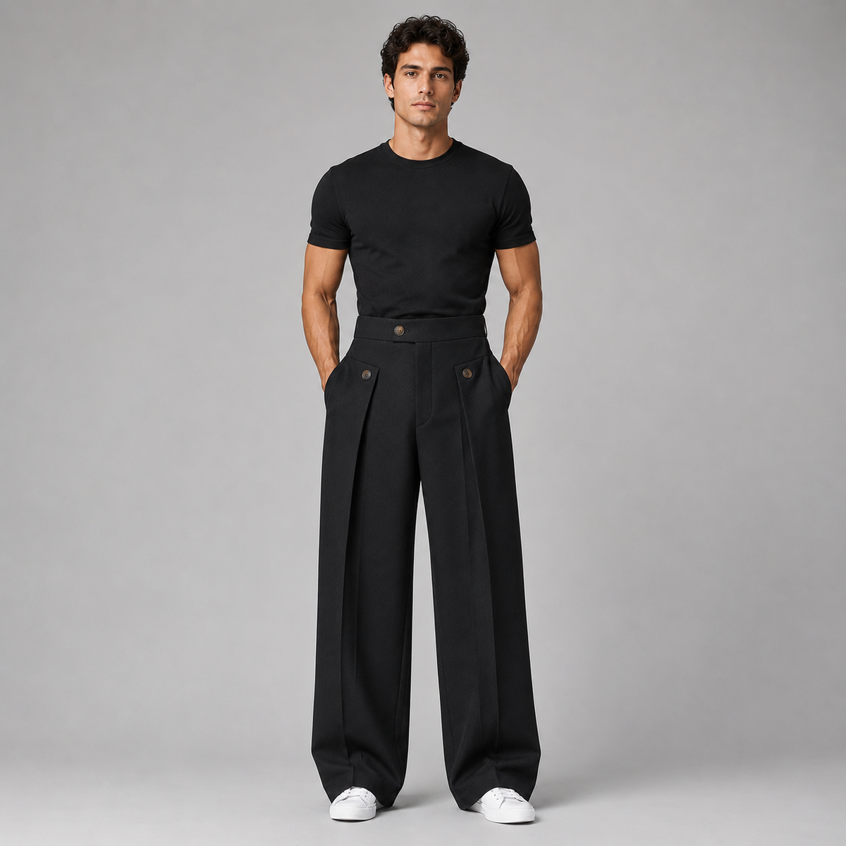 Men's Wide Leg Trousers with Front Pleats and Relaxed Tailored Cut