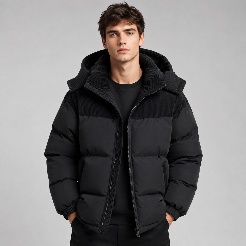Men's Oversized Puffer Jacket with Padded Hood Storm Flap and Side Pockets