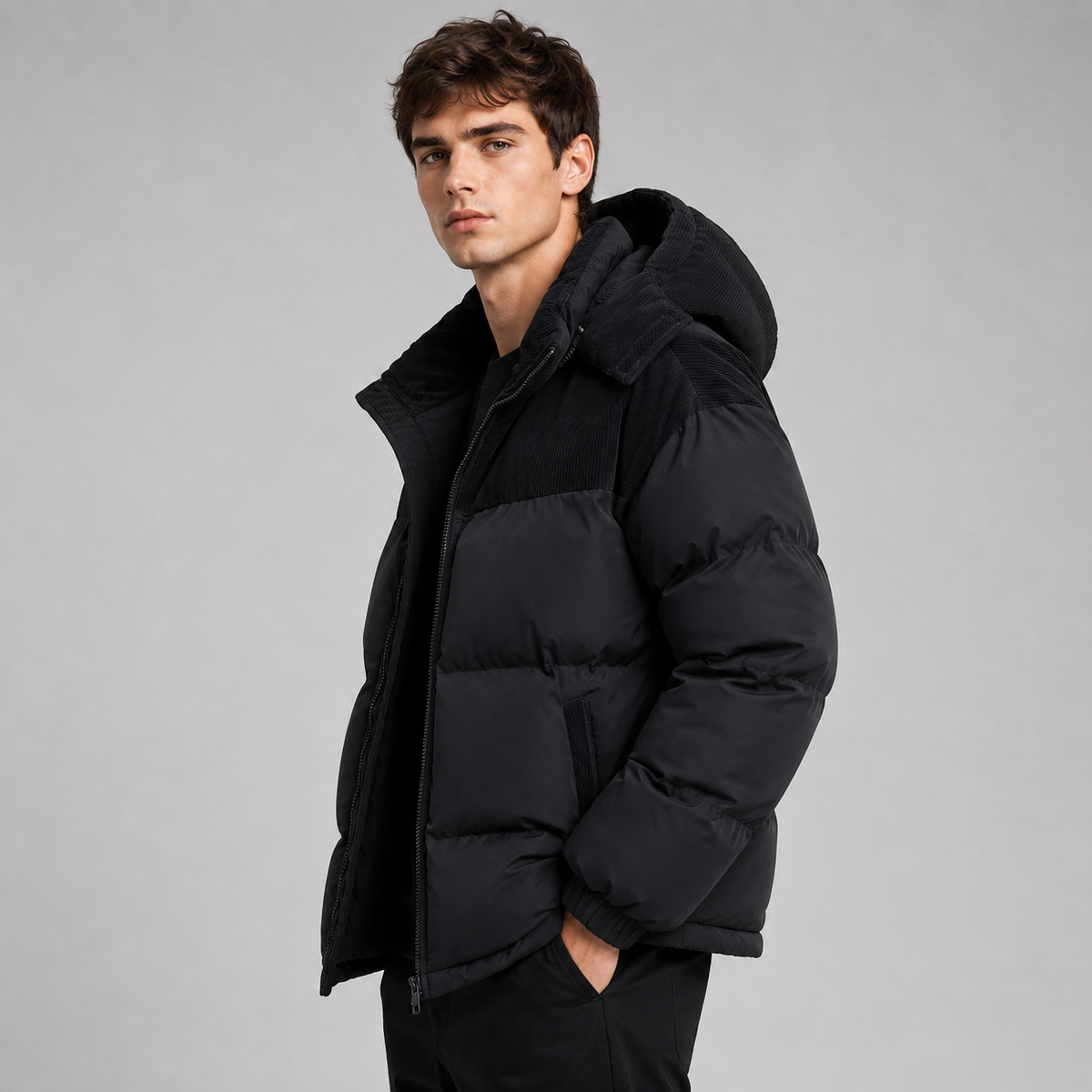 Men's Oversized Puffer Jacket with Padded Hood Storm Flap and Side Pockets