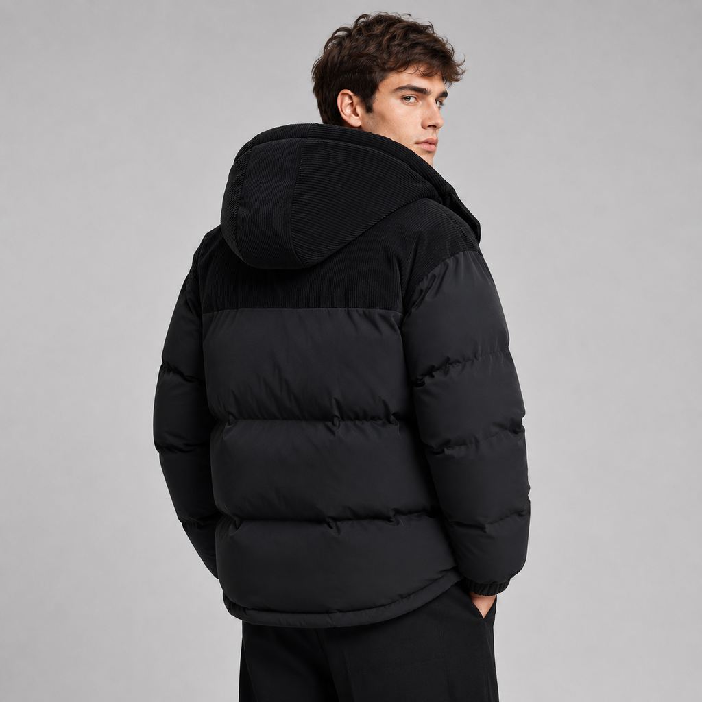 Men's Oversized Puffer Jacket with Padded Hood Storm Flap and Side Pockets