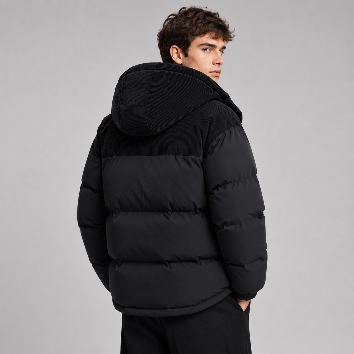 Men's Oversized Puffer Jacket with Padded Hood Storm Flap and Side Pockets