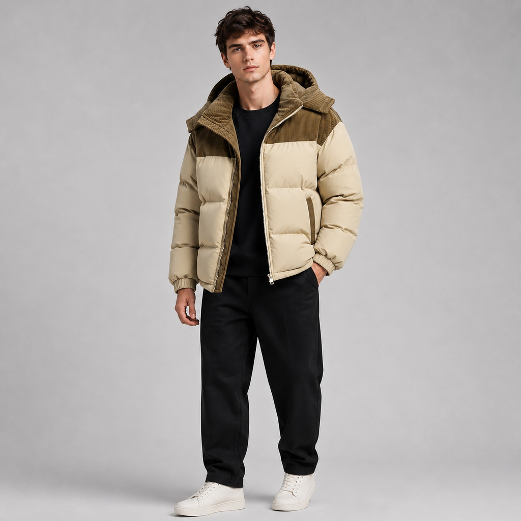 Men's Oversized Puffer Jacket with Padded Hood Storm Flap and Side Pockets