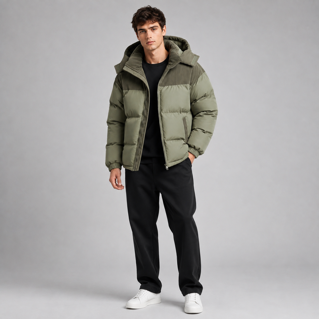 Men's Oversized Puffer Jacket with Padded Hood Storm Flap and Side Pockets