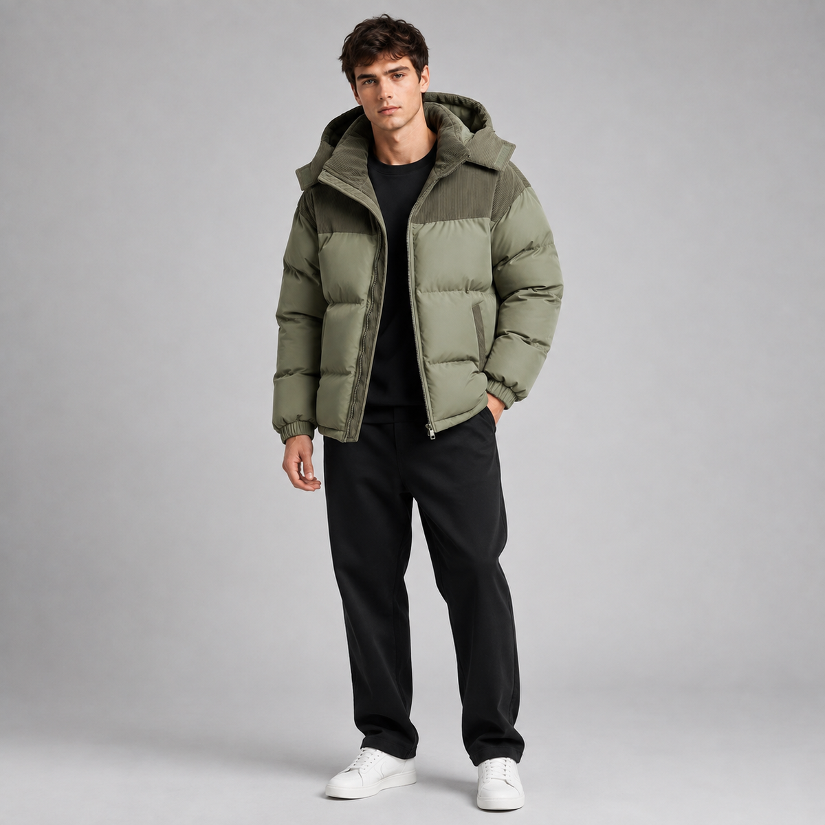Men's Oversized Puffer Jacket with Padded Hood Storm Flap and Side Pockets