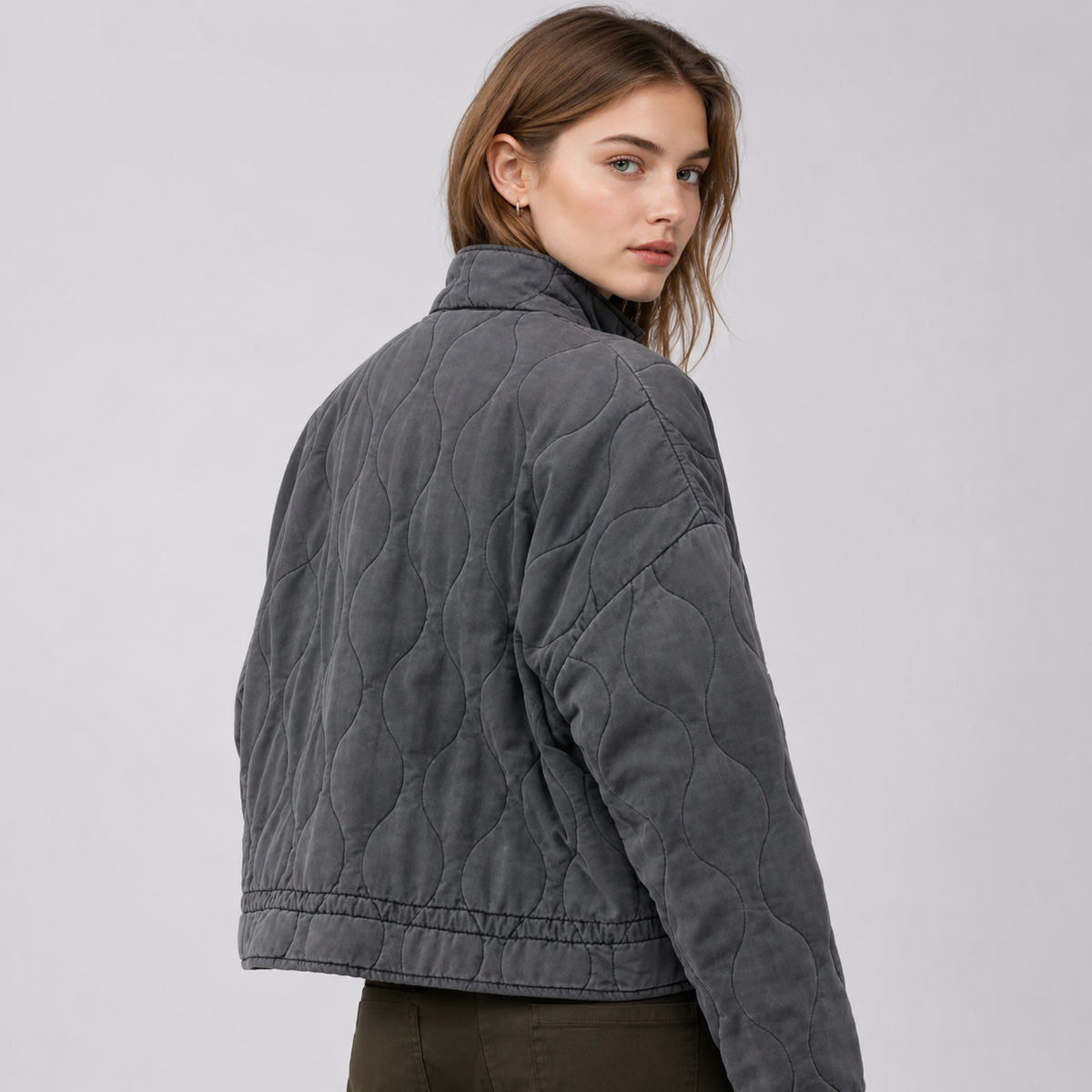 Women's Quilted Jacket with High Stand Collar and Oversized Patch Pockets
