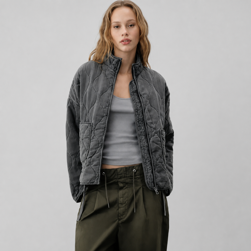Women's Quilted Jacket with High Stand Collar and Oversized Patch Pockets