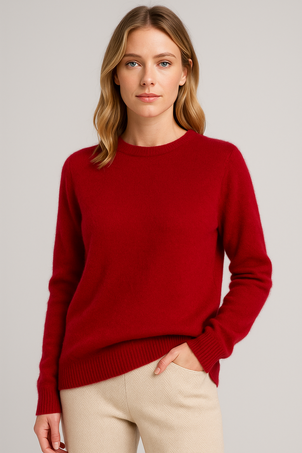 Women's Cashmere Sweater with Crew Neck Loose Fit and Ribbed Hems