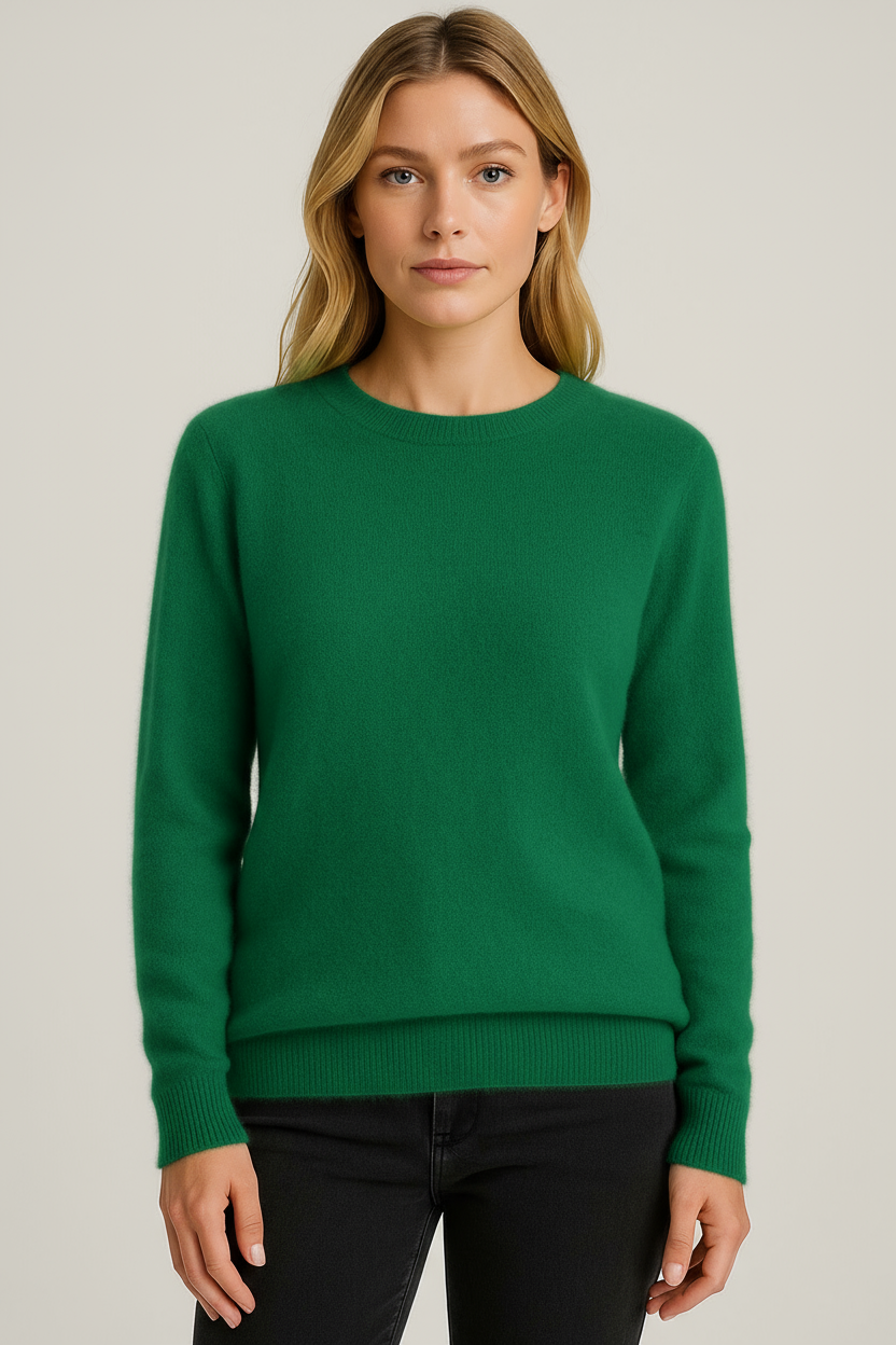 Women's Cashmere Sweater with Crew Neck Loose Fit and Ribbed Hems