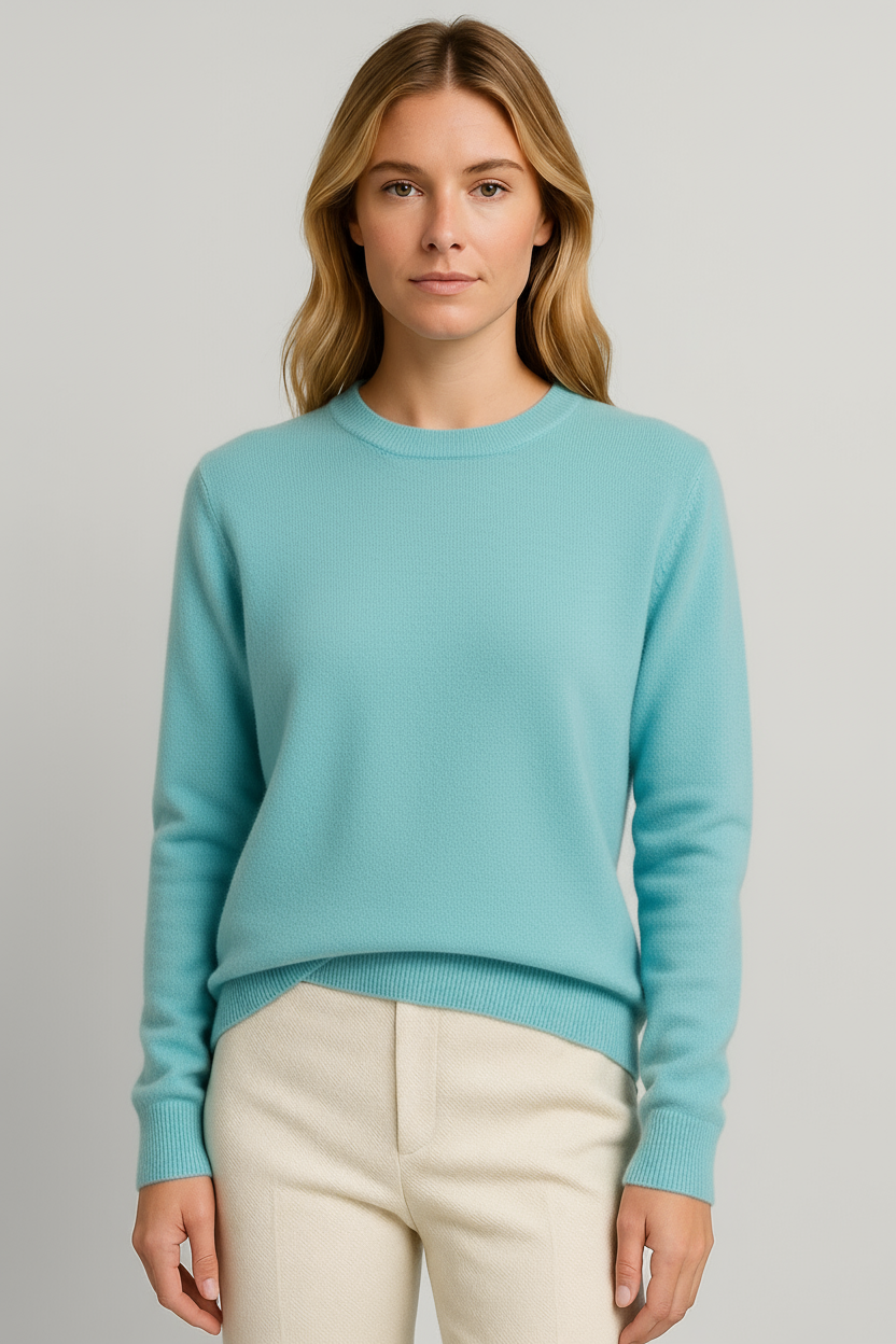 Women's Cashmere Sweater with Crew Neck Loose Fit and Ribbed Hems